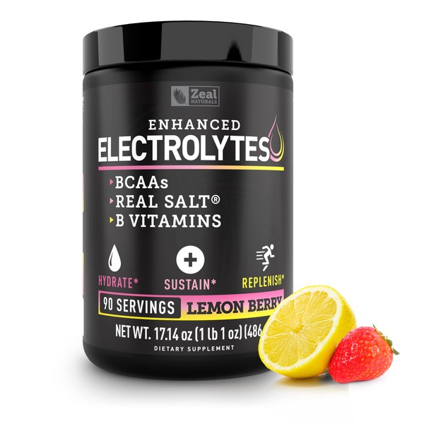 Electrolyte Powder Recovery Drink (90 Servings | Lemon Berry) w Real Salt +BCAAs +B-Vitamins Sugar Free Electrolyte Supplement w Potassium Zinc & Magnesium for Hydration - Keto Electrolytes