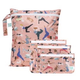 Bumkins Waterproof Wet Bag and Packing Pouches, TSA Airline Compliant, Pack for Baby, Travel, Swim Suit, Cloth Diapers, Pump Parts, Pool, Gym Clothes, Toiletry, Daycare, Zip Bag, 4-pc Set Yoga Pals