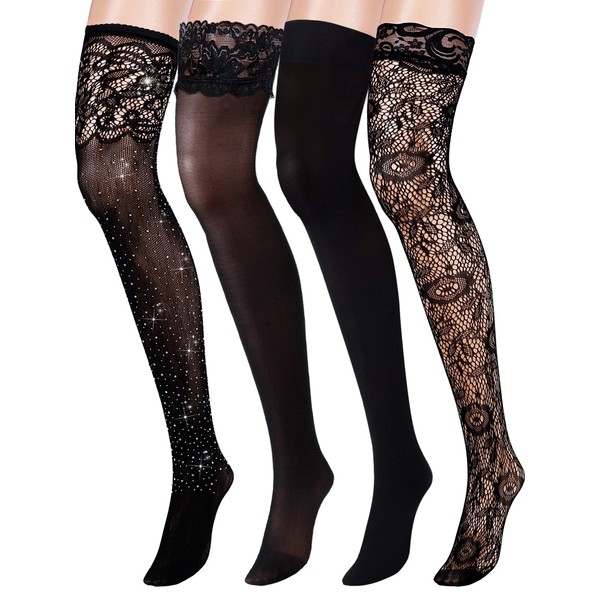 Chengu 4 Pairs Women's Black Lace Garters Thigh High Stockings Fishnet Tights Silk Stockings (Style A, Black), Style A, Black