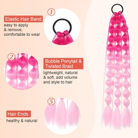 PORSMEER Rainbow Bubble Ponytail Extensions With Hair Tie Coloured Hair Extensions for Braiding 22 inch Colorful Ombre Mermaid Pony Tail Synthetic Hair Extensions for Girl Women(Red/Pink)