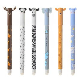 KEMUZ Pack of 6 Erasable Pens, Gel Pens, Erasable, Erasable Pens, Various Ink Colours and Barrel Designs, 0.5 mm Tip (Elk, Panda, Zebra, Elephant, Sika Deer, Monkey)