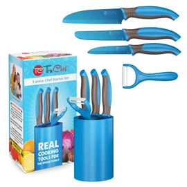 TruChef 5-Piece Kids Knife Set | Real Stainless Steel Cooking Knives with Peeler, Serrated Blade & Storage Stand | Safe, Easy-Grip Design – Fun Junior Chef Set for Boys & Girls (5 pcs, Blue)