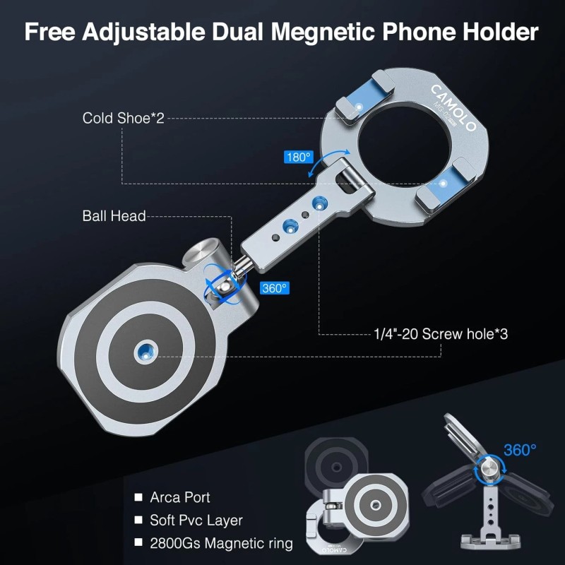 CAMOLO Dual Magnetic Phone Holder 1/4"-20 Tripod Mount Compatiable with
