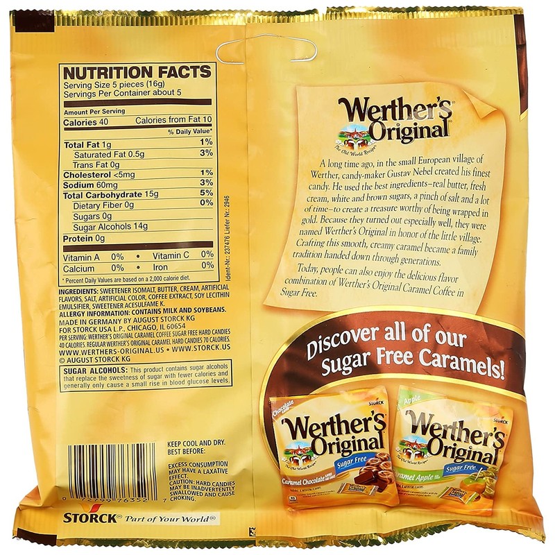 Werther's, Original Hard Candy, Caramel Coffee, Sugar Free, 2.75oz Bags