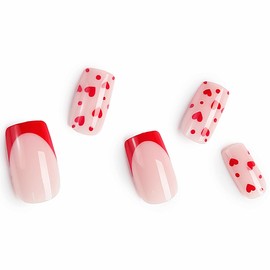 Valentine Press on Nails Medium Square Red Love Heart Fake Nails, French Tip Press on Nails Gel Acrylic Nails Glue Stick on Nail Tip Reusable Natural Fit Winter Holiday False Nails Kit 12Sizes 24PCS