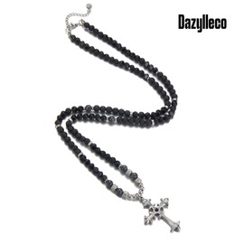 Mens Long Beaded Necklace Black Bead Necklace with Pendant Costume Jewellery Birthday Gifts for Him(24021-1)