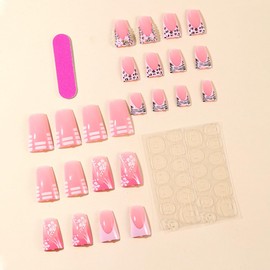 24Pcs Square Press on Nails Medium Pink Fake Nails Leopard Print French Tip Glue on Nails with 3d Rhinestone Design Flower Acrylic Nail Full Cover False Nails for Women Manicure Decorations