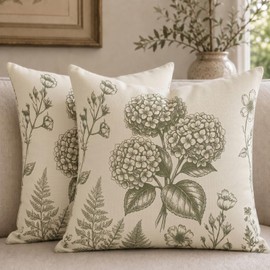 Sage Green Hydrangea Pillow Covers Set of 2, 22x22 Vintage Floral
