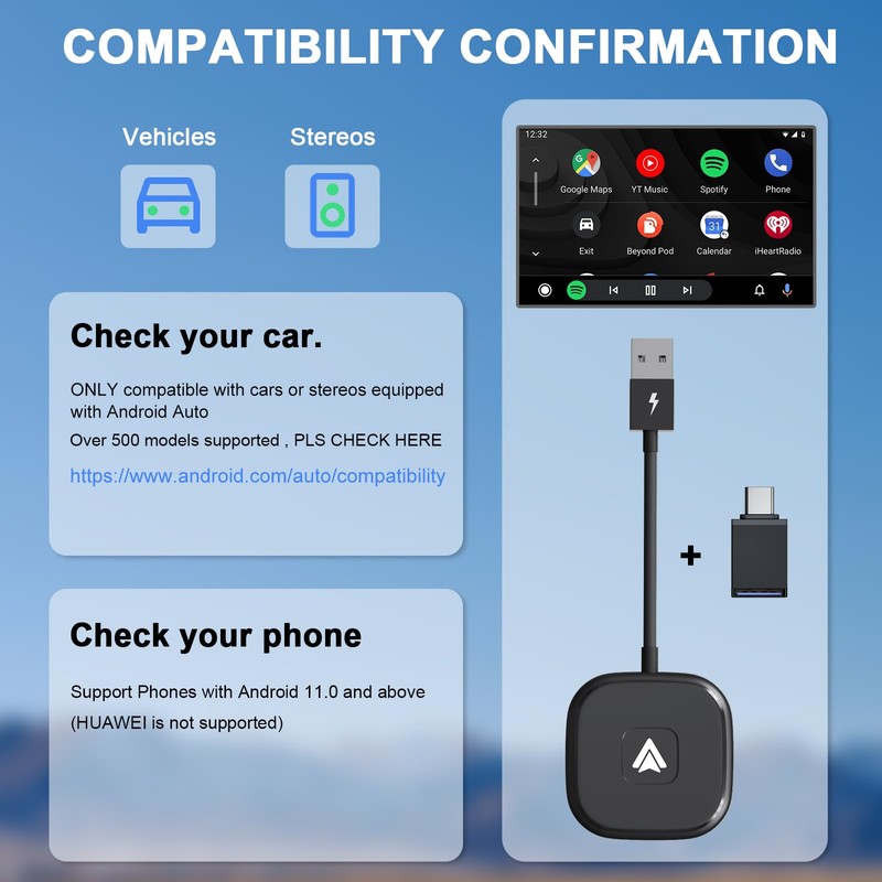 LXJADAP Adaptador inalámbrico Android automático, Adaptador inalámbrico Android para Coche,