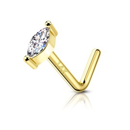 COCHARM 14K Solid Gold Marquise CZ Nose Stud 20g Yellow Gold L Bend Nostril Nose Stud 7mm Long Nose Piercing 14kt Real Gold Sparkling CZ Nickle Free Nose Studs Nose Jewelry