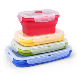 NATUREKIT Set of 4 Collapsible Silicone Food Storage Containers,Kitchen Stackable Leftover Bento Lunch Meal Box with Plastic Airtight Lids, Leak-proof Camping Food Storage for Microwave Dishwasher