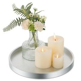 Hanobe Candle Plate Holder Tray: Champagne Sliver Round Wood Candle Plate Decorative Centerpiece Small Tealight Pillar Trays for Living Room Dining Coffee Table Home Decor