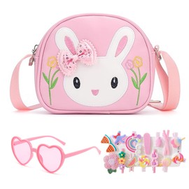 dogmoon Little Girl Rabbit Bag, Handbag Girl with 1 Piece Glasses and 14 Pieces Hair Clips, Shoulder Bag Girls, Kids Rabbit Purse PU Leather Princess Mini Handbag for Children, pink