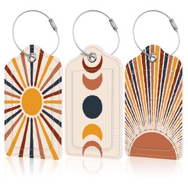 EOBKLAX 3 Pack Abstract Sun Moon Luggage Tag for Suitcases Modern Boho PU Leather Bag Travel Suitcase ID Identifier Baggage Tags for Women Men Travel