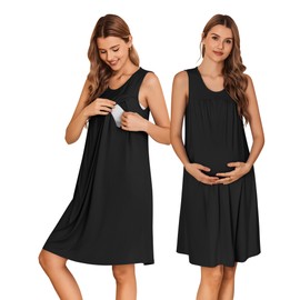 Ekouaer Maternity Nursing Dress Nightgown Labor and Delivery Gown Sleeveless Pregnancy Breastfeeding Dresses Black Small