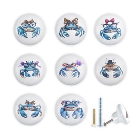 JamJam 1.5" 8PCS Cute Sea Animals Blue Crab Theme Ceramics Knob Room Furniture Cabinet Kitchen Cupboard Door Dresser Drawer Pulls Handles and Knobs