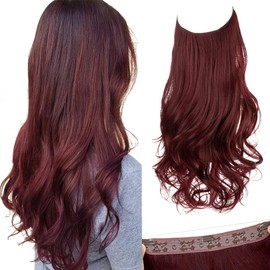 SARLA Burgundy Invisible Wire Hair Extensions with 3 Clips Long Synthetic Wavy Curly Hairpiece Adjustable Transparent Headband for Women 22 Inch Wine Red