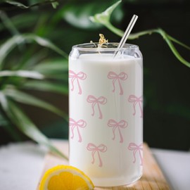 BEHIFL Pink Coquette Bow Glass Cup,Preppy Pink Bow Glass Coffee Cup With Lids And Straws 14oz,Pink Bow Trendy Glass Cup For Girls Bestfriend Sister Girlfriend,Pink Bow Lovers Gifts