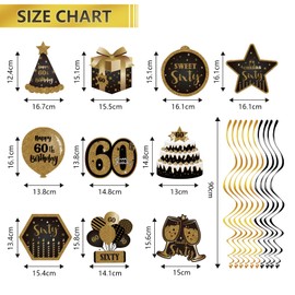 Eclifano Happy 60th Birthday Hanging Swirls Streams Ceiling Decorations,Celebration Old Black and Gold Birthday Party Decorations Supplies 60 Foil Hanging Swirls with Cutouts for 60 Years