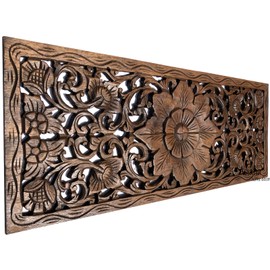 Asiana Home Decor Large Carved Wood Wall Panel. Floral Wood Carved Wall Decor. Size 35.5"x13.5"x0.5" (Brown-Teak)