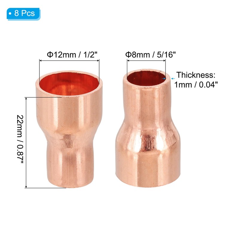PATIKIL 12mm to 8mm ID Copper Reducer, 8pcs 99.9% Pure