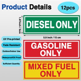 12pcs Diesel/Gasoline/Mixed Fuel Stickers, 1.97in x 5.9in Vinyl Weatherproof Decals for Fuel Tanks Heavy Equipment, Trucks Tanks, Tractors, Barrels, Gas Caps- 4 Labels of Each Type