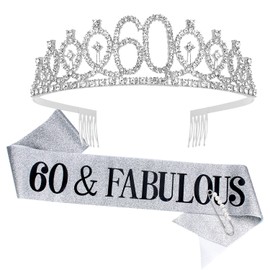 Tihebax Fabulous 60th Birthday Sash and Tiara for Women - Happy Birthday Party Supplies in Silver