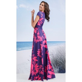 KOH KOH Plus Size Womens Long Flowy Modest V-Neck Short Cap Sleeve Casual Floor Length Floral Flower Print Summer Sundress A-line Maternity Tall Maxi Dress Gown, Pink on Navy Blue 2XL 18-20