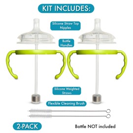 Straw Cup Conversion Kit for Comotomo Baby Bottles 2-Count, Food Grade Silicone Straw Nipples, All Silicone Weighted Straw, Bottle Handles and Cleaning Brush, BPA Free, 6+ Months (Straw Top, Green)