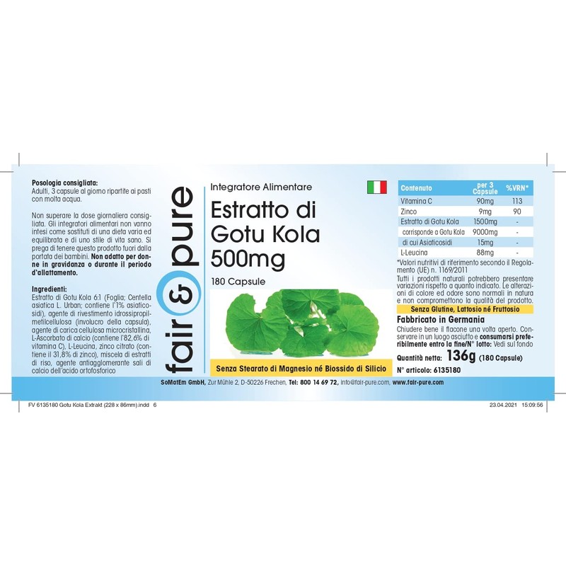 Gotu Kola Extract 500 mg - Vegan - 180 Capsules