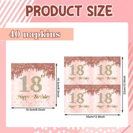 GWAWG 40 PCS Birthday Napkins 18th Rose Gold Pink Birthday Serviettes for Birthday Party Anniversary Decoration