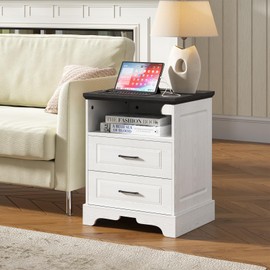 KJGKK Farmhouse Nightstand with Charging Station, 18 inch Wide Night Stand with Drawers and Storage, Square Bedside Side End Table, for Bedroom, Living Room, Office, White + Black
