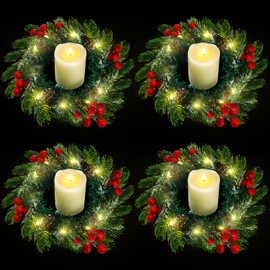Lyrow 4 Pcs Christmas Candle Rings with LED Lights Mini Wreaths Red Berry Pine Faux Snow Wreath Artificial for Christmas Ornaments Decor Holiday Winter Season Thanksgiving Day Dinner Party Decoration