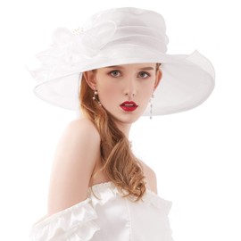 Z&X Organza Church Fascinator Derby Hats for Women Flower Wedding Tea Party Hat Wide Brim Sun Hat 023B White