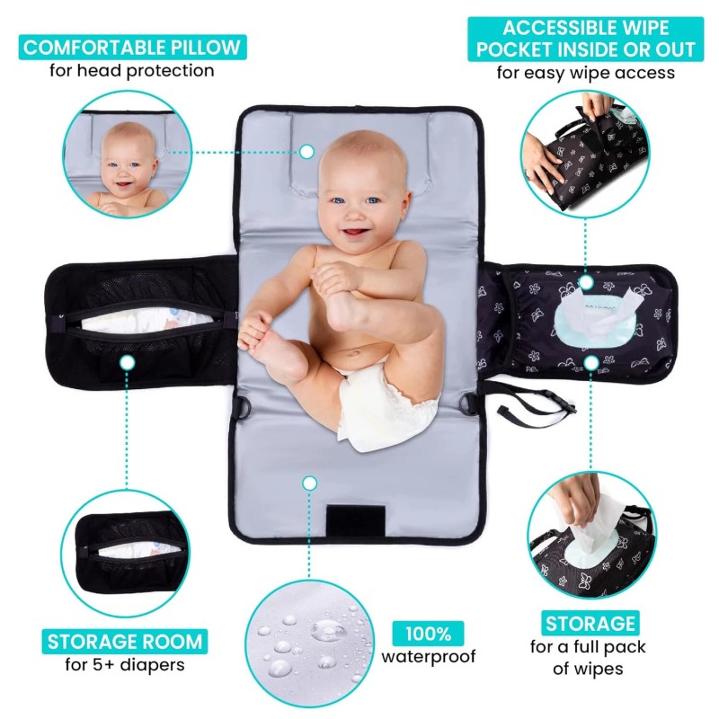 Happy Grey Elephant Baby Changing Pad with Shoulder Strap -