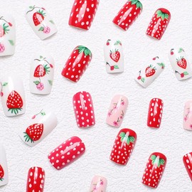 24Pcs Cute Press on Nails Medium Square Fake Nails Red Strawberry False Nails with Flower Design Full Cover Glue on Nail Cute Reusable Acrylic Nails Kit Holiday DIY for Women Girls