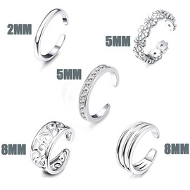 LEEQBCR 5 Pcs Sterling Silver Toe Ring Ladies Open Adjustable Band Ring Jewellery Set
