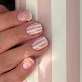 White Stripe Press on Nails Nude Short Square Fake Nails with French Design Gloss Nail Press ons Reusable Acrylic Self-Adhesive False Nail for Women Girls Manicure DIY Decor 24 Pcs