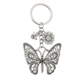 Vintage Butterfly Keychain - Antique Silver Floral Key Chains for Women, Rustic Bee & Flower Bag Charms, Boho Gift