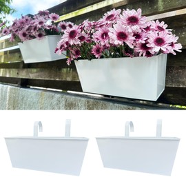 LaLaGreen Rail Hanging Planter (2 Pack, 14 Inch) Large White Metal Rectangle Plant Holder Outdoor Balcony Deck Railing Fence, Strawberry Window Flower Box for Artificial Plants Minimalist Home Decor