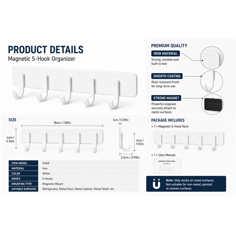 Magnetic Refrigerator Hook Rack with 5 Hanging Hooks, No-Drill Heavy