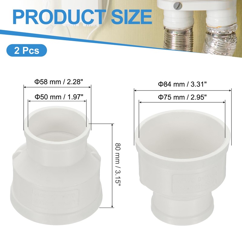 PATIKIL 3" to 2" Duct Reducer, 2 Pcs PVC Pipe