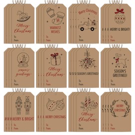 Watersay 48 Pcs Christmas Gift Tags Set with Hemp Rope Christmas Gift Tags with String Brown Kraft Paper Tag for Xmas Decoration Holiday Supplies Theme Party Event Decoration DIY Crafts