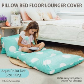Butterfly Craze Floor Pillow Case, Mattress Bed Lounger Cover, Polka Aqua, King Size - Cozy Seating Solution for Kids & Adults, Recliner Cushion, Perfect for Reading, TV Time (Pillow Not Included)