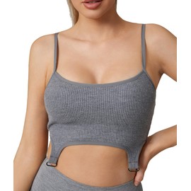 Mustcan Women's Ribbed Knit Sports Bra with U Hem – Adjustable Spaghetti Strap Seamless Yoga Crop Top for Workout Gym Fitness Grey