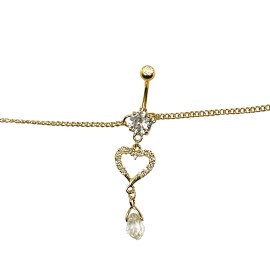 LionGothic Belly Chain Navel Ring Gold Plated Waist with Heart CZ Jewels Dangle Charm 14G