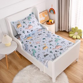 KWLOVER 3PC Soft Bed Fitted Sheet and Flat Sheet Set,Dinosaur Printed Bed Sheets for Kids Twin Size Bed
