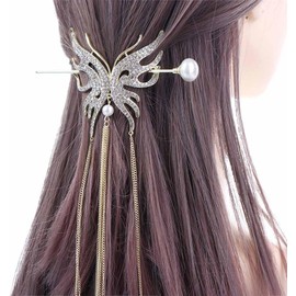 Butterflys Hairpin,2PCS Long Chain tassels Hair Fork,Rhinestone Butterfly Hair Stick,Metal Butterfly Hair Stick,Large Hair Chopsticks Clip (Black, gold, One size)