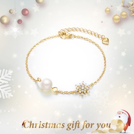 EVER FAITH 925 Sterling Silver Clear CZ Ivory Color Simulated Pearl Snowflake Jewelry Link Bracelet Gold-Tone