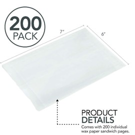 Paper Sandwich Bags Bulk Wax Paper (200 Pack) 7" x 6" x 1" Wet Wax Paper - Food Grade Grease Resistant Wax - White Glassine Bags - Paper Bags for Bakery Cookies, Candy, Snacks, French Fries